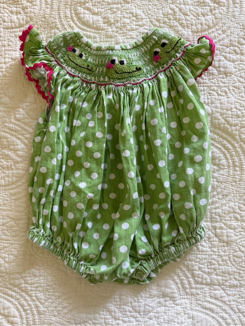 Green and White Polka Dot Frog Smocked Romper with Pink Trim